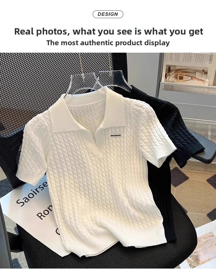White  irt ort Sve Knitted Top Women's oulder Straight Summer T-irt Commute Sle Korean Version Straight Tube