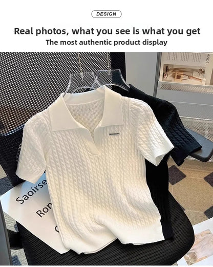 White  irt ort Sve Knitted Top Women's oulder Straight Summer T-irt Commute Sle Korean Version Straight Tube