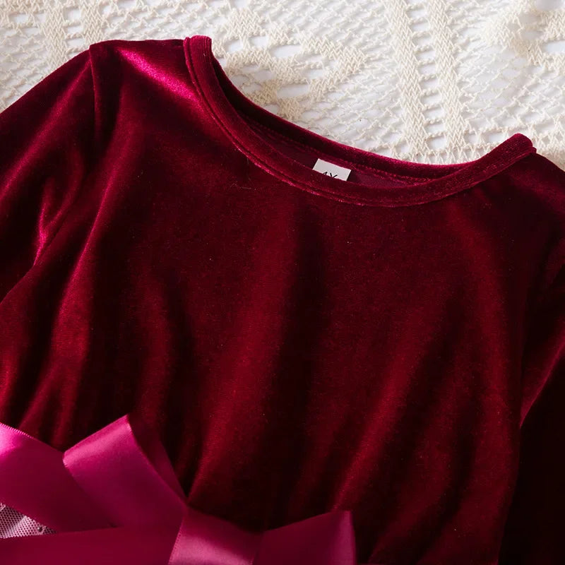 Girl Party Princess Dress Autumn Winter 3-8Y Children Christmas New Year Velvet Top Gradient Stars Mesh Bow Dress