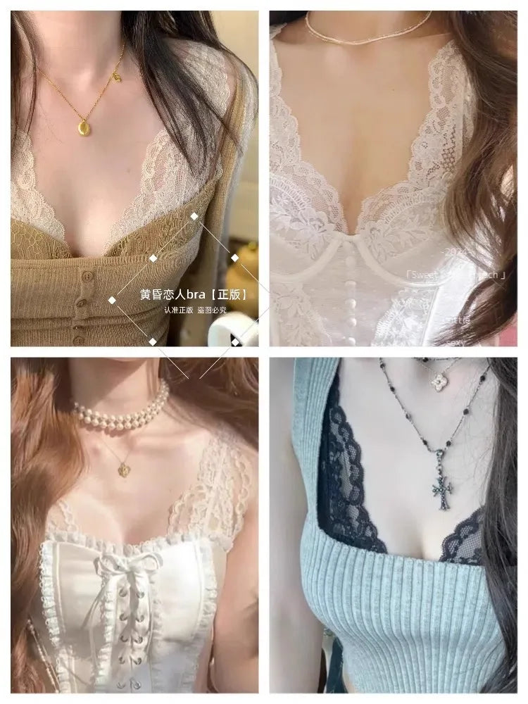 French Lace Lingerie Gathered No Steel Ring Bra Deep V Neck Sexy Wire Free Bras Underwear Tank Tops Padded Camisole Vest