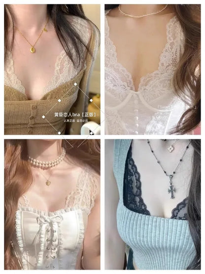 French Lace Lingerie Gathered No Steel Ring Bra Deep V Neck Sexy Wire Free Bras Underwear Tank Tops Padded Camisole Vest