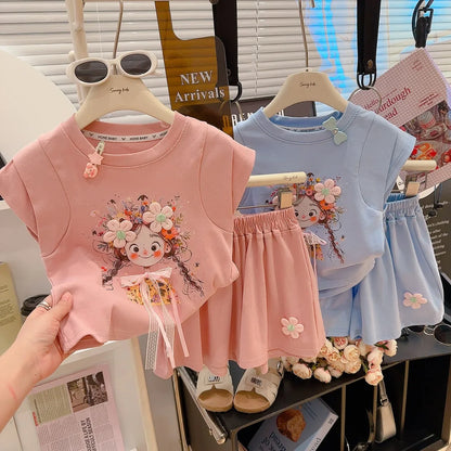 Korean Fresh Style Summer Set Cute Short Sleeve Top & High-Waist Shorts for Girls, 2-Piece Outfit