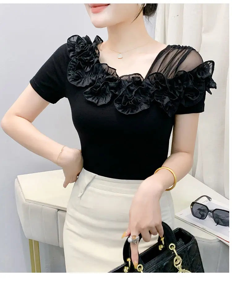 Faionable Floral Lace Ear ort Sve Slimming Me oulder Bared T-Shirt Women's Casual Sle Polyester Fabric Tee irt