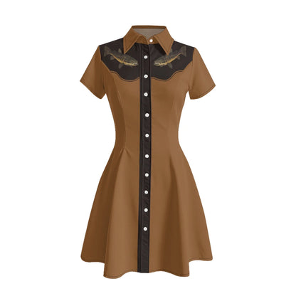 Women's Western Shirt Dress with Music Notes and Dolphin Print Cowboy Collar Button Up Pure Cotton Midi Dress Casual Boho Style