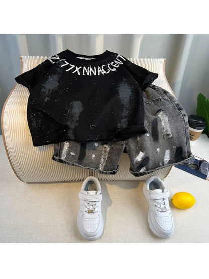 Korean Children's Summer Clothes Kids Set Outfits Boys 2025 Handsome Sleeveless&Short Sleeved T-shirt Denim Shorts 2-piece Set