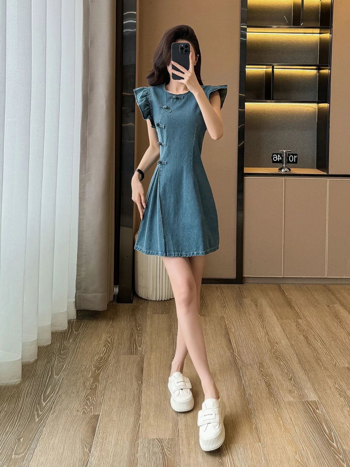 Women's ort Denim Dr A-Line Waist Cinching round Ne Button Sle High Waist Slimming Spring Summer Cotton Blend