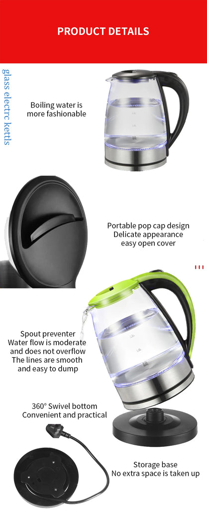 Glass Electric Kettle Cordless Water Boiler Fast Boiling BPA-Free Tea Kettle for Home Office Health Use