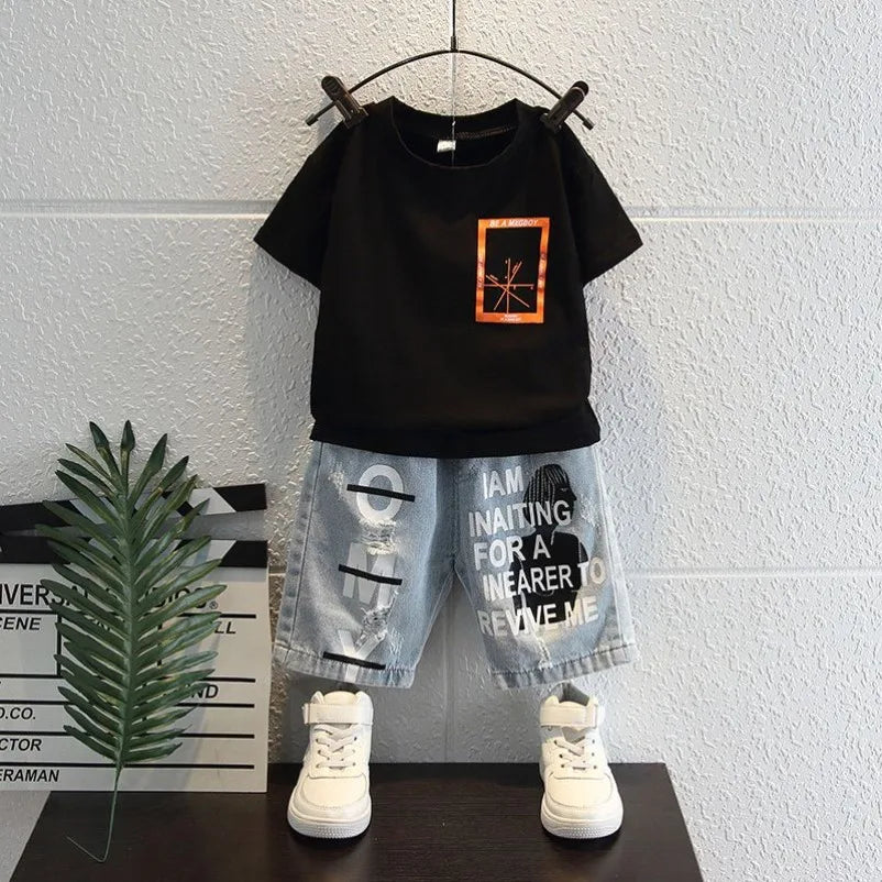New Boys Sleeveless Vest Denim Shorts 2PC Sets Outdoor Festival Clothing Vintage Print Kids Miracle Design 2-10 Years White Tops