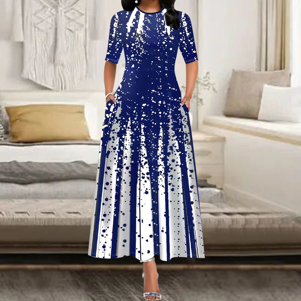 Women's Elegant Party Long Dresses Loose Round Neck Short Sleeves Retro Printed Casual Long Dress  (Available)