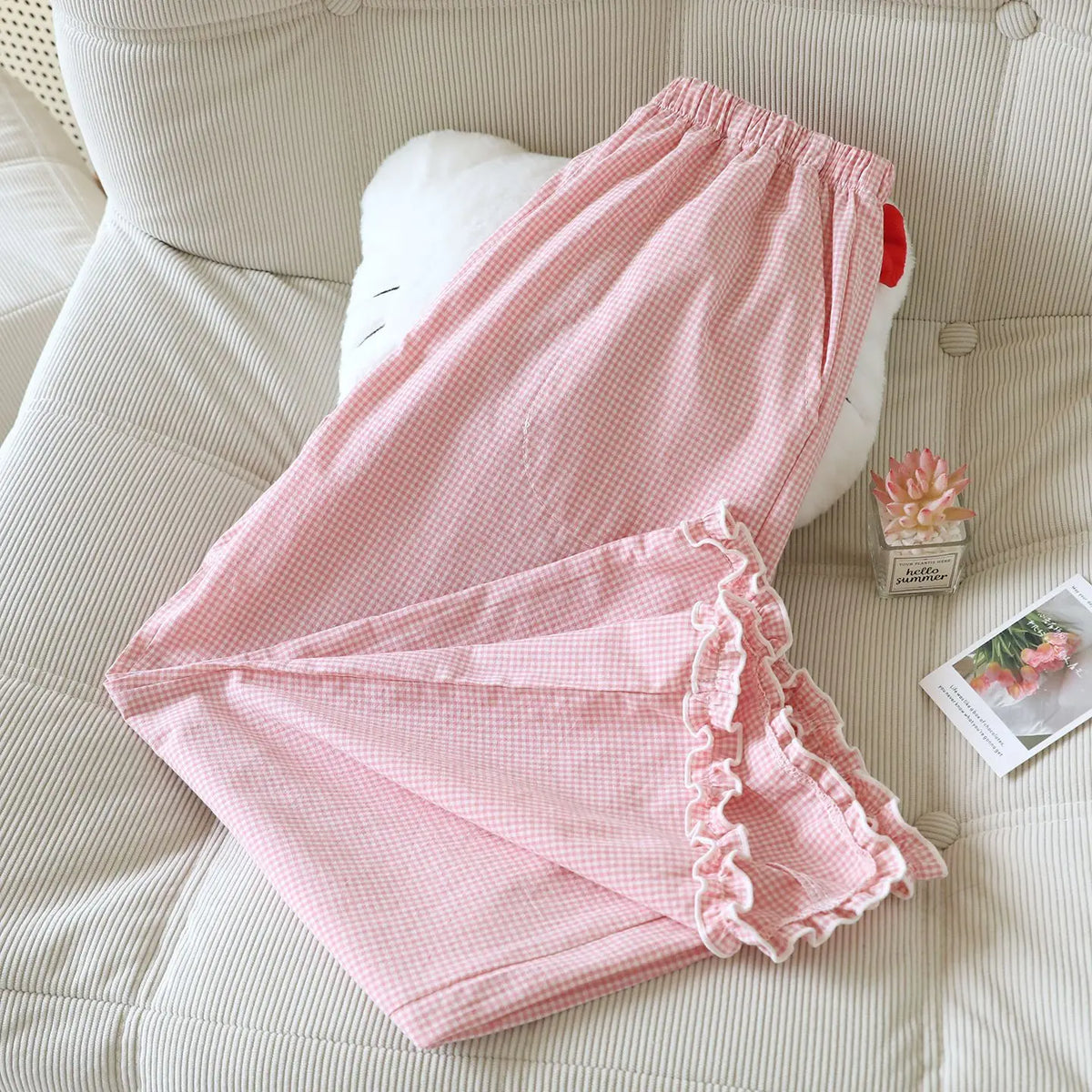 Spring and Summer Thin Loose Size Plaid Design Women's Pajama Pants Elastic Waist Casual Homewear Women Nine-point Trousers (Available)