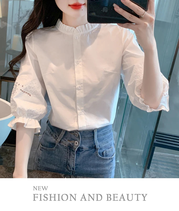 Ele Embroidered ort Sve irt Women's Summer New Design Korean Sle Commute Lantern Sve White irt for Ladies