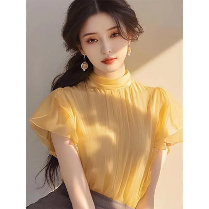 Short-sleeved Top for Women in Summer Fashionable Shirt French Style Unique and Beautiful Age-reducing Mint Green Chiffon Shirt