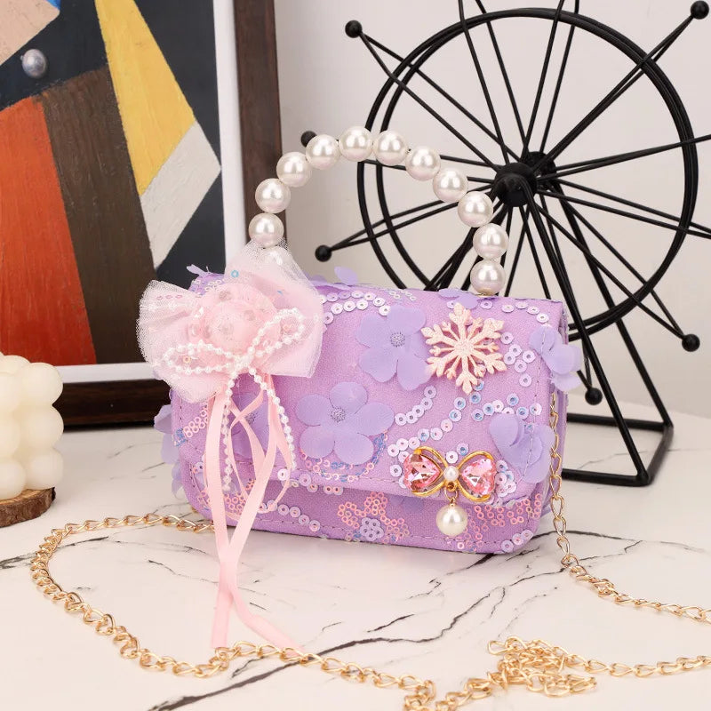 Cute Sequin Bow Kids Mini Square Shoulder Bags Versatile Children Chain Crossbody Bag Lace Girls Pearl Handbags Clutch Purse (Available)