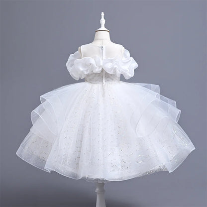 New Girl's Wedding Evening Dress Petal Sequin Mesh Sleeveless Dress Birthday Party School Graduation Party Dress