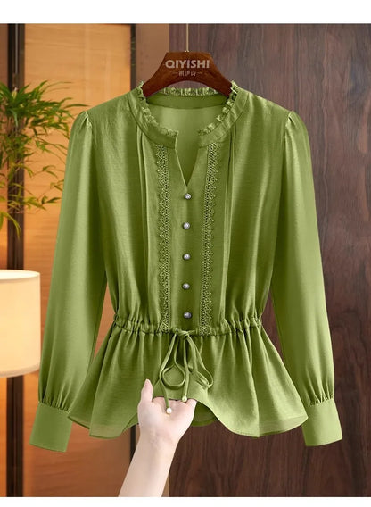 Elegant French Style V-Neck High End Blue Long Sleeve Blouse 2025 Fall New Belt Lace-up Fashion Slim Cinched Waist Tops Shirts