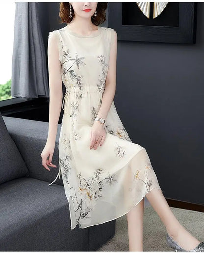 Summer New Elegant Fashion Printing Tank Dress Ladies Sleeveless Holiday Casual Robe Women Drawstring Waist A-line Midi Vestidos