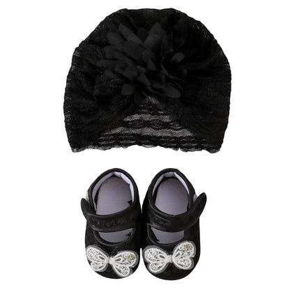 Baby Girls Princess Shoes and Turban Hat Set Bow Decor Lace Soft Non-slip Bottom First Walking Shoes
