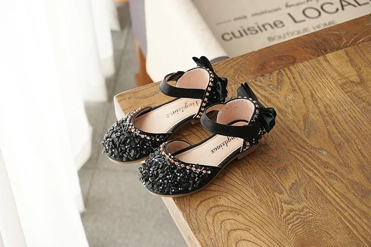 Girls' Sweet Leather Shoes with Back Knot Soft Sole Half Sandals Crystal 2025 Summer New Kids Princess Shoes for Party Wedding