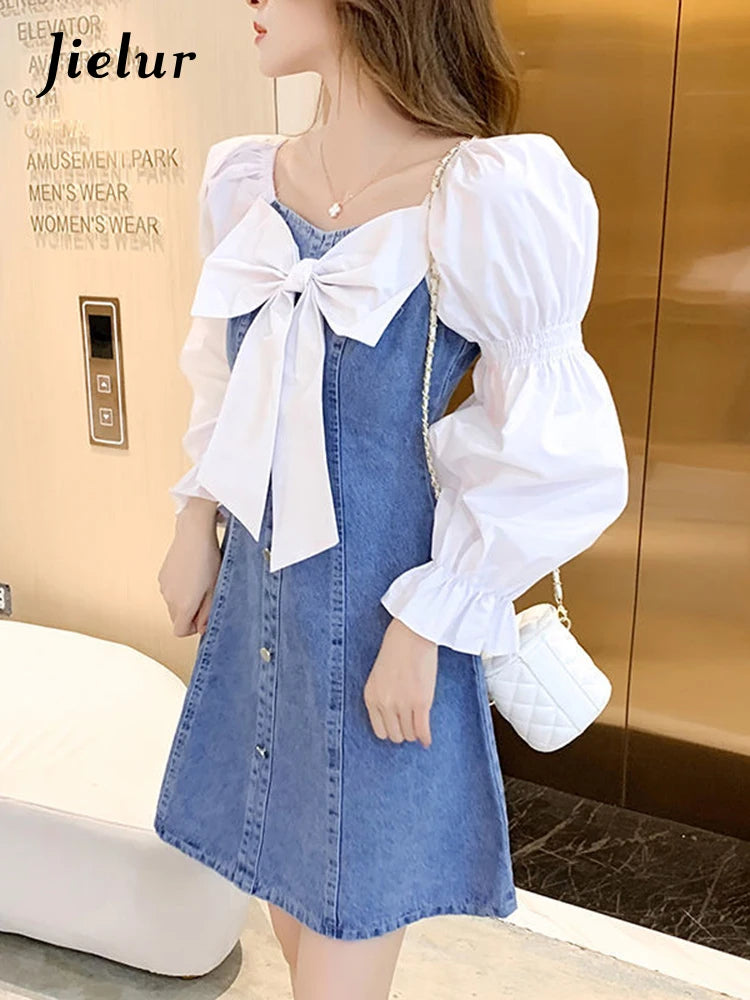 Jielur Korean Dress for Women Fashion Square Collar Puff Sleeve Sweet Bow Robe Femme Patchwork Tunic Denim Dress
