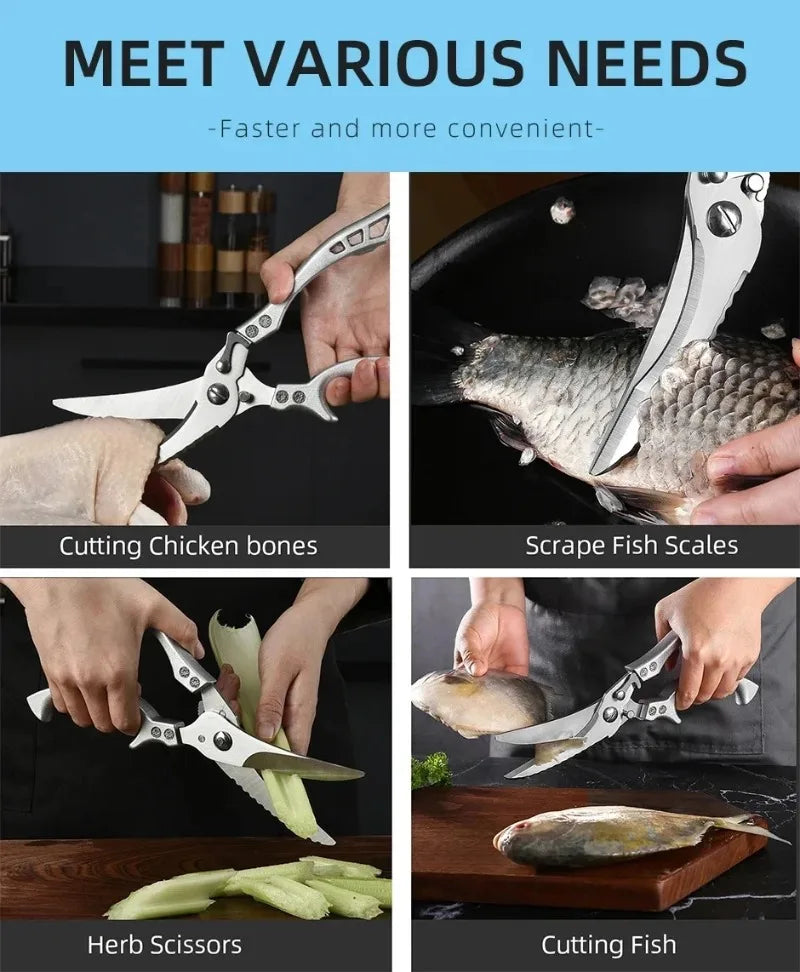 Stainless Steel Kitchen Scissors MultiFunction Chicken Bone Scissors for Cutting Fish Meat Vegetables Effort-Saving BBQ Scissors