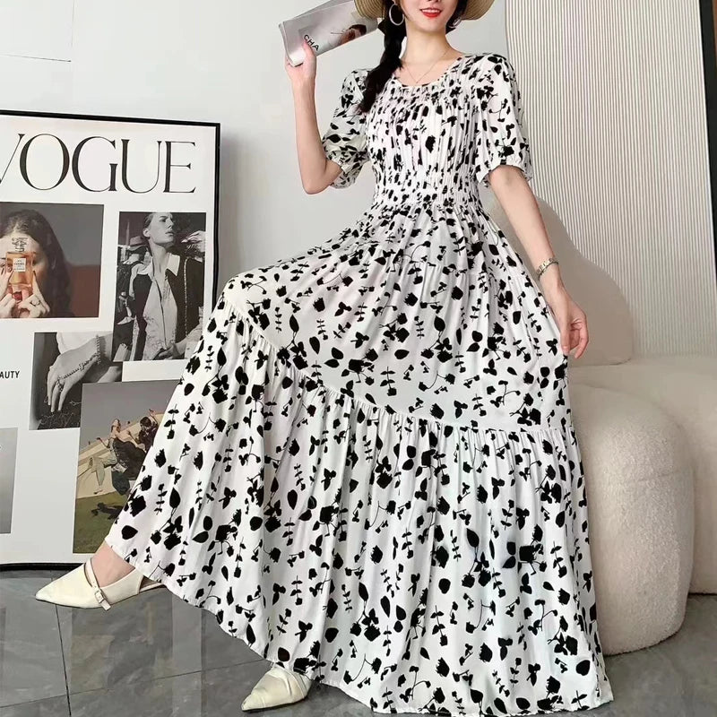 Summer New Cotton Silk Dr Casual High Waist Floral Print Beachwear Outerwear Slimming Waist Long Skirt A-Line Gown