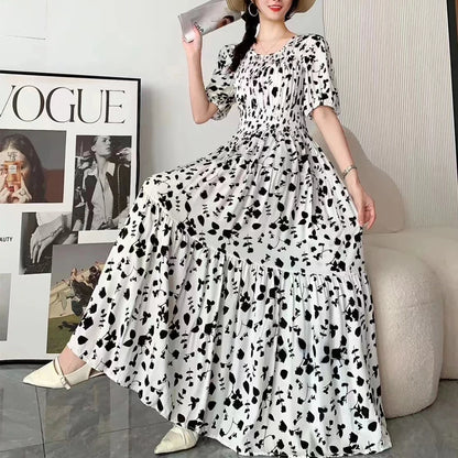 Summer New Cotton Silk Dr Casual High Waist Floral Print Beachwear Outerwear Slimming Waist Long Skirt A-Line Gown