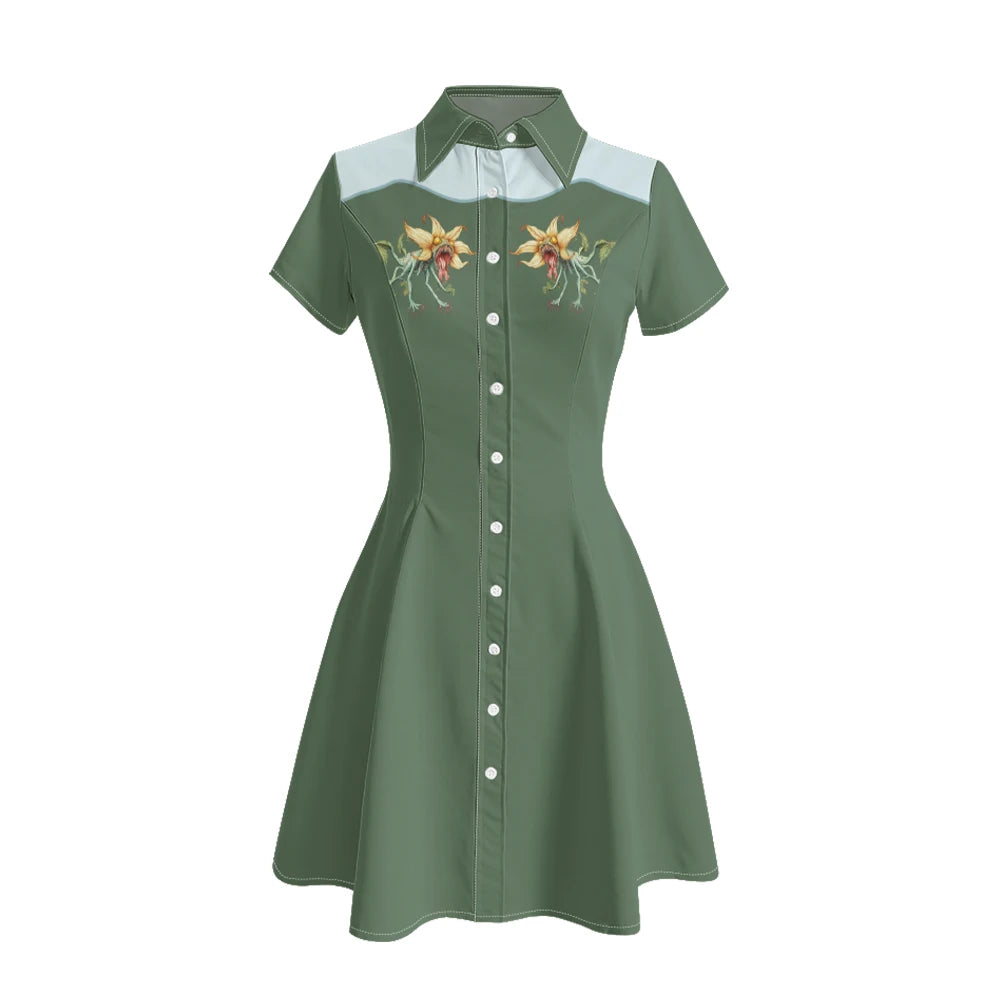 Women's Western Shirt Dress with Music Notes and Dolphin Print Cowboy Collar Button Up Pure Cotton Midi Dress Casual Boho Style
