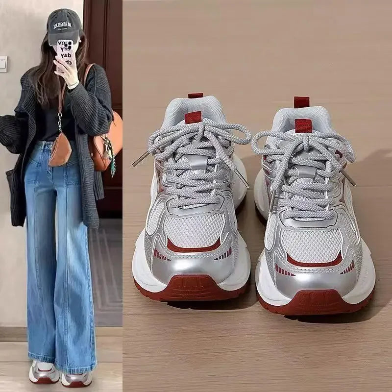 Dad Sneakers Women's Spring Summer 2025 New Style Versatile White Thick Bottom Heightening Running Sports Shoes