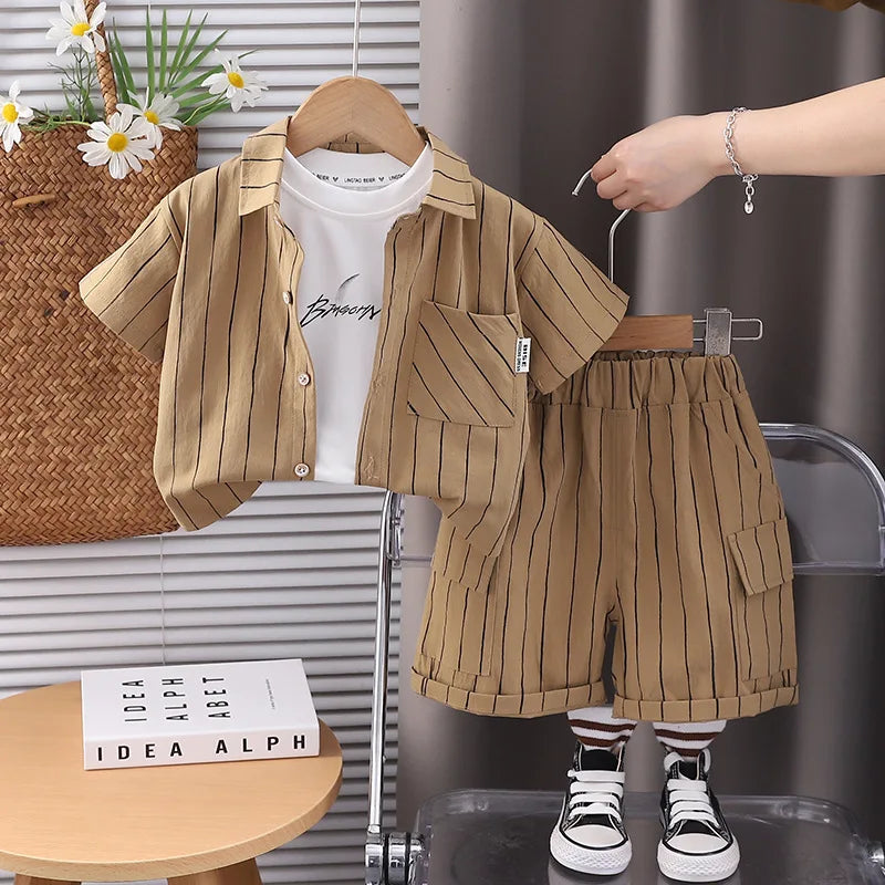 New Fashion Soft and Comfortable Children's Coffee Vertical Stripe Shirt Shorts Three-piece Set Kids Clothes Boys
