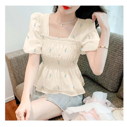 All-match Flower Printing Square Collar Shirring Chiffon Summer Pullover Puff Short Sleeve T-shirt Casual Women's Clothing Tops
