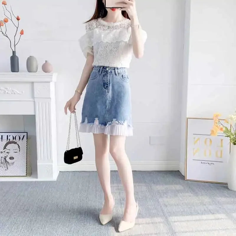 Short 2 Pieces Sets for Women Commuting Skirt White Mature Denim Sleeve Woman Outfit Blue Mini Kawaii Summer Fashion 2025 Full