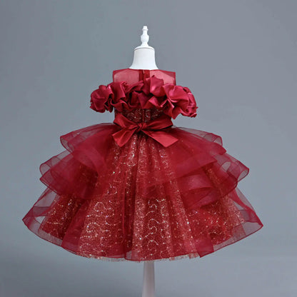 New Girl's Wedding Evening Dress Petal Sequin Mesh Sleeveless Dress Birthday Party School Graduation Party Dress