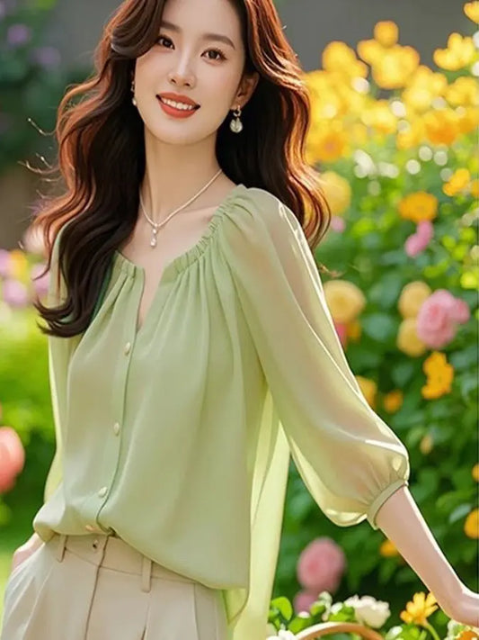 Chic Summer irt Women's Sle Korean Five-Quarter Sve Age-Defng Beautiful Faionable Good-Looking Chiffon Top