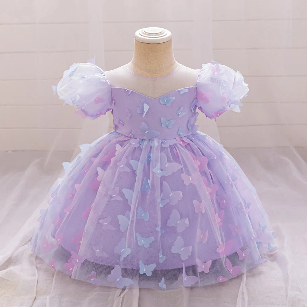 Toddler Girl Party Dress Colorful Gradient 3D Butterfly Prom Gown Girl Bow Lace Birthday Wedding Princess Summer Dresses Evening