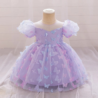 Toddler Girl Party Dress Colorful Gradient 3D Butterfly Prom Gown Girl Bow Lace Birthday Wedding Princess Summer Dresses Evening