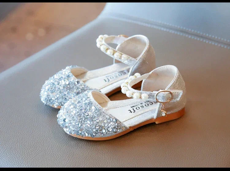 Kids Flat Shoes Soft Sole Girls Princess Shoes Mid To Large Child Choir Stage Performance Shoes Girl Silver Formal Dress