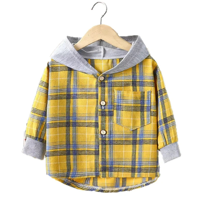 Spring and Autumn Children's Coat Plaid Boy Shirt Hooded Plaid Shirt 2-12 Year Old Girl Long Sleeved Coat Baby Clothes