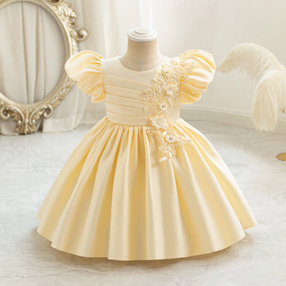 Girls' birthday dresses, bubble sleeves, three-dimensional flower party dresses, holiday dresses, girls' satin dresses, princess