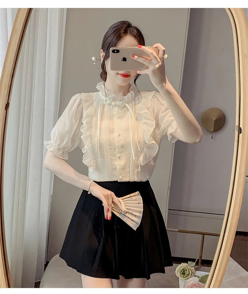 New Chinese Button French Ruffled Lace Gentle Chiffon Shirt 2025 Summer Fashion Temperament New Design Small Shirt Stylish Top