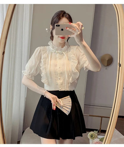 New Chinese Button French Ruffled Lace Gentle Chiffon Shirt 2025 Summer Fashion Temperament New Design Small Shirt Stylish Top