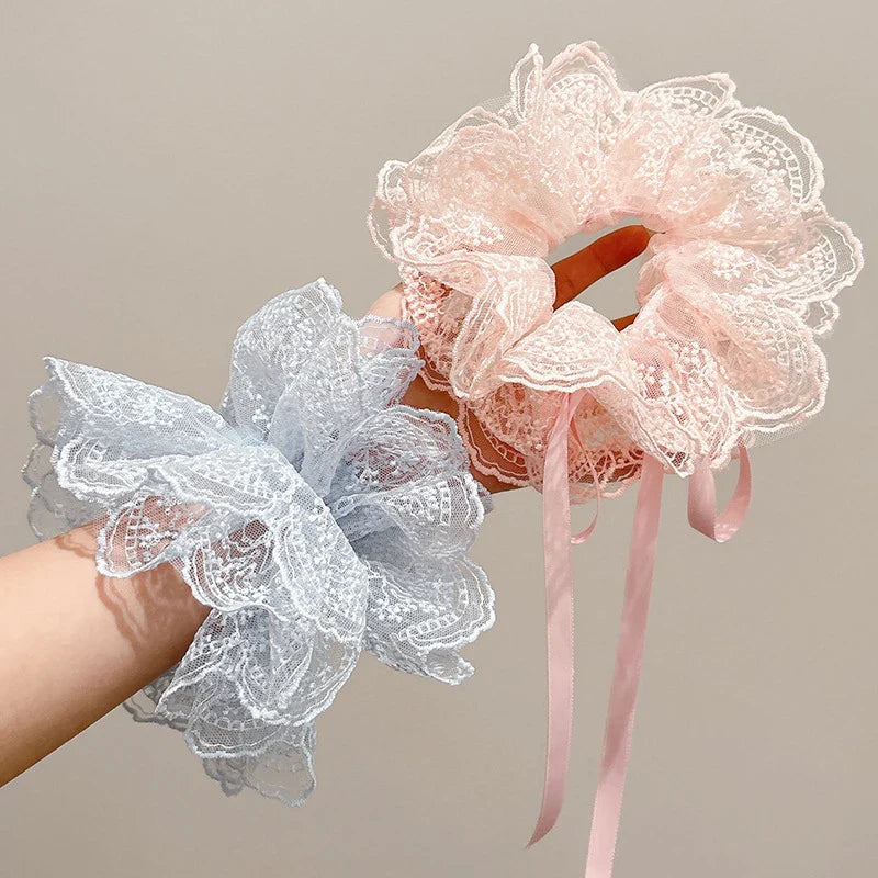 Sweet Drawstring Bow Lace Hair Scrunchies For Women Elastic Hair Bands Ponytail Holders Girl Hair Accessories