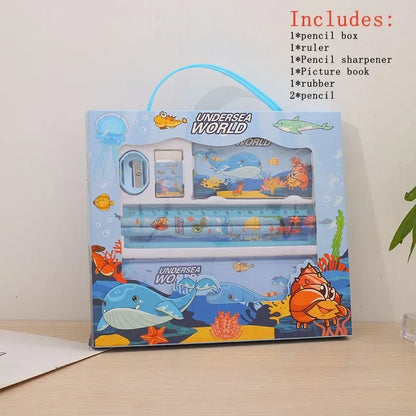 Stationery Gift Cartoon  Student Stationery Set Pencil Eraser Ruler Pencil Sharpener Pencil Case Drawing Book Multifunction