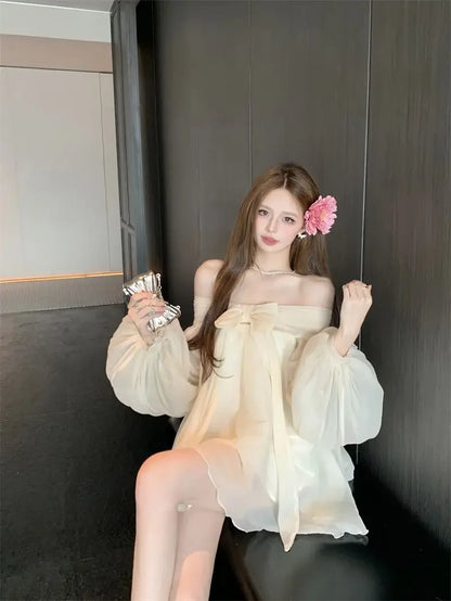 Bow Slash Neck Vestidos Off Shoulder Dress Sexy Sweet Vestido Fairy Mini Loose Dresses Spring 2026 New Long Sleeve Ropa Mujer