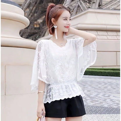 TingYiLi Batwing Sleeve Hollow Out Embroidery Cotton Top Women Summer Black White Lace Short Blouses Vintage Sweet Boho Top
