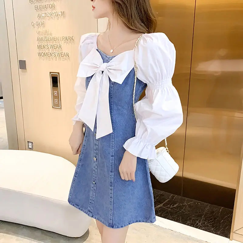 Jielur Korean Dress for Women Fashion Square Collar Puff Sleeve Sweet Bow Robe Femme Patchwork Tunic Denim Dress