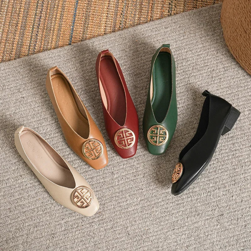 Women's square toe low heels solid color retro Casual flat shoes (Available)