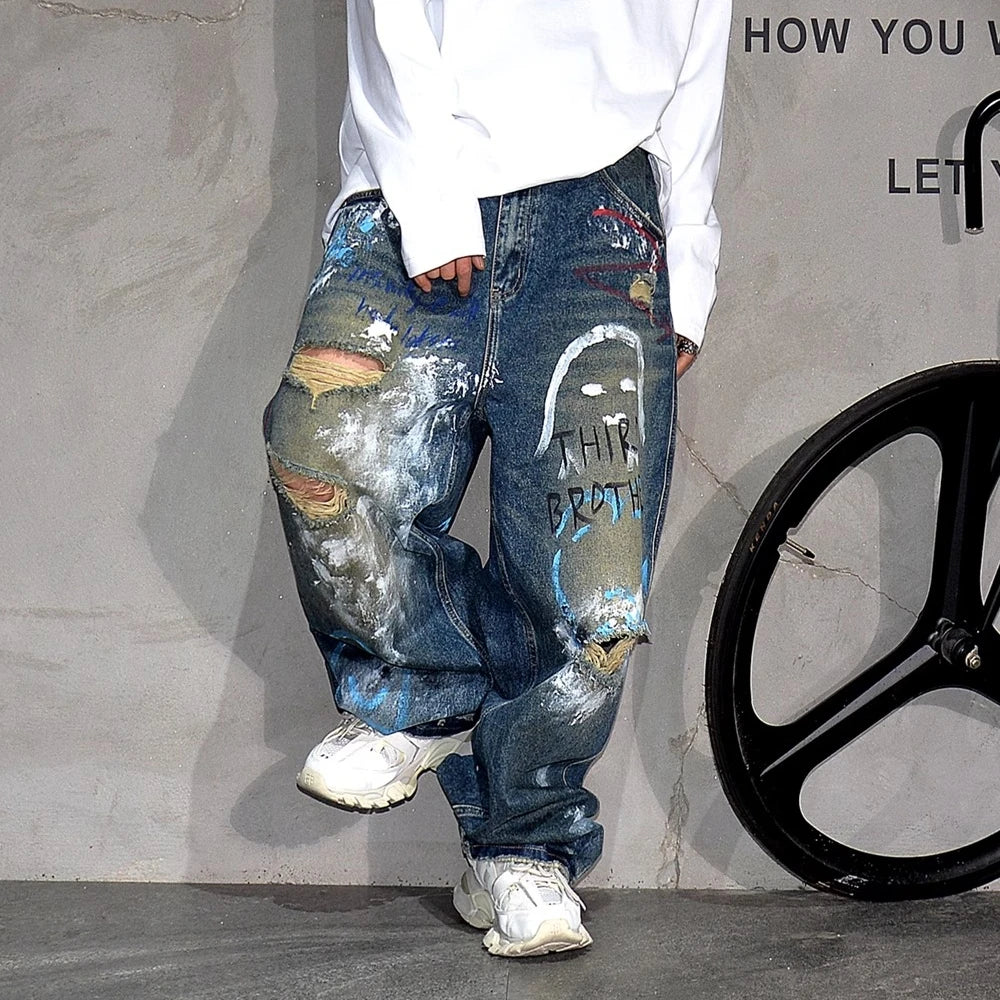 High End Men'S Clothing Hip Hop Graffiti Baggy Jeans For Men Streetwear Skateboard Ripped Jeans Korean Trendy Denim Trousers  ( Available )