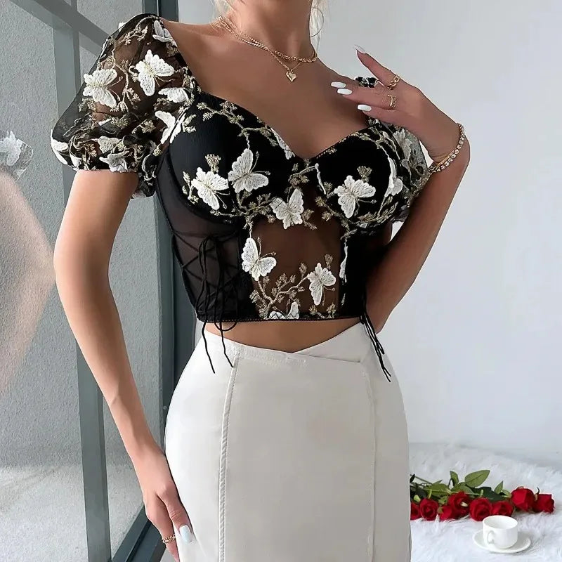 Women Summer Sexy Mesh Flower Embroidery Design Puff Sleeve Fishbone Corset Ins Style Slim-fit Sweet Spice Girl Short Crop Tops