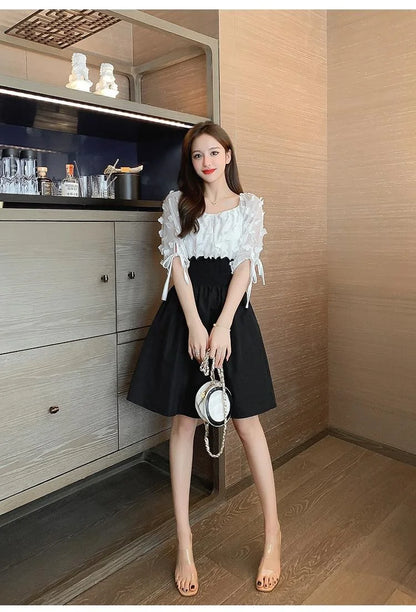 Women Summer French Style Elastic Waist Dress Korean Edition New Splicing Design Slim Half Sleeve Fairy Knee-length Dresses