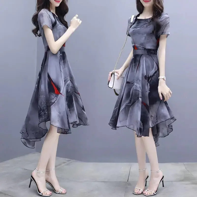 Summer New Women Short Sleeve Korean Elegant Ventilate Spliced Slim Printed Asymmetrical Dovetail Round Neck A-line Dresses B50